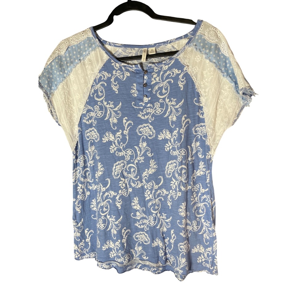 Cato Blue Damask Mixed Media Lace Henley Top Women Medium Polka Dot Eyelet